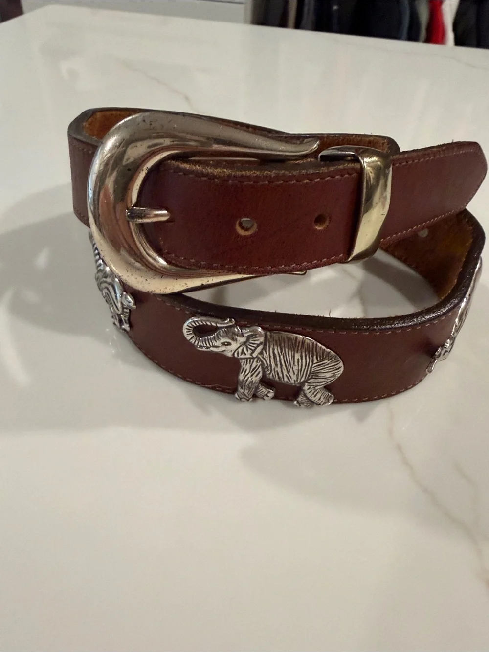 Vintage Brown Leather Brighton Belt with animals and Silver Buckle